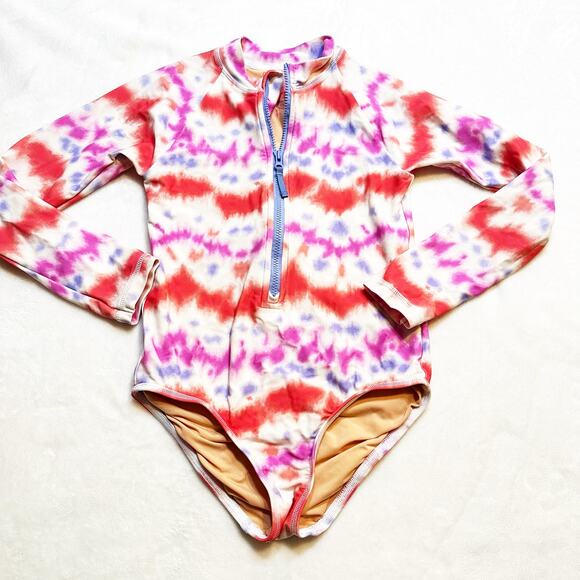 Crewcuts Girls Zip-up Rash Guard One-piece Swimsuit UPF 50 fabric TieDye Sz 6-7 - Picture 1 of 5